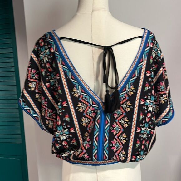 Flying Tomato Floral V-Neck Boho Women's Top - Black and Blue - small - Picture 4 of 6